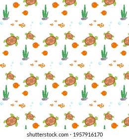 Sea world pattern for children. Turtles, puffer fish.