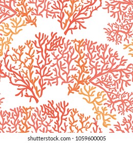 Sea world seamless pattern, background with fish, corals and shells on white background. Stock vectorÂ illustration.