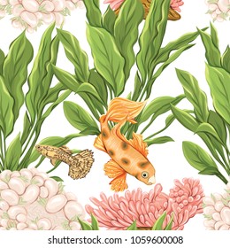 Sea world seamless pattern, background with fish, corals and shells on white background. Stock vectorÂ illustration.