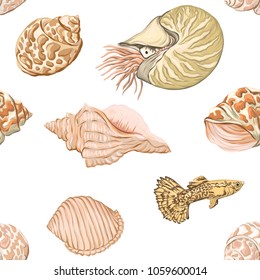Sea world seamless pattern, background with fish, corals and shells on white background. Stock vectorÂ illustration.
