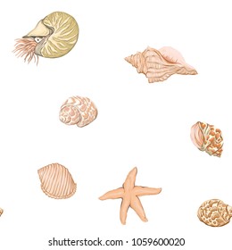 Sea world seamless pattern, background with fish, corals and shells on white background. Stock vectorÂ illustration.
