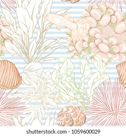 Sea world seamless pattern, background with fish, corals and shells on blue and white stripes background. Stock vectorÂ illustration. Colored and outline  disign.