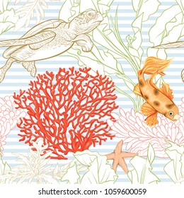 Sea world seamless pattern, background with fish, corals and shells on blue and white stripes background. Stock vectorÂ illustration. Colored and outline  disign.