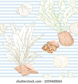 Sea world seamless pattern, background with fish, corals and shells on blue and white stripes background. Stock vectorÂ illustration. Colored and outline  disign.