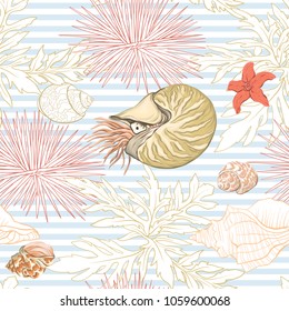 Sea world seamless pattern, background with fish, corals and shells on blue and white stripes background. Stock vectorÂ illustration. Colored and outline  disign.