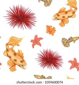 Sea world seamless pattern, background with fish, corals and shells on white background. Stock vectorÂ illustration.
