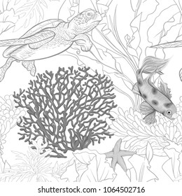 Sea world seamless pattern, background with fish, corals and shells on white background. Stock vectorÂ illustration. In monochrome gray colors
