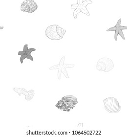 Sea world seamless pattern, background with fish, corals and shells on white background. Stock vectorÂ illustration. In monochrome gray colors