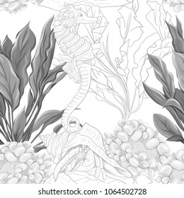 Sea world seamless pattern, background with fish, corals and shells on white background. Stock vectorÂ illustration. In monochrome gray colors