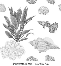 Sea world seamless pattern, background with fish, corals and shells on white background. Stock vectorÂ illustration. In monochrome gray colors