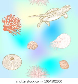 Sea world seamless pattern, background with fish, corals and shells on blue and white stripes background. Stock vectorÂ illustration. Colored and outline  disign.