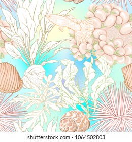 Sea world seamless pattern, background with fish, corals and shells on blue and white stripes background. Stock vectorÂ illustration. Colored and outline  disign.