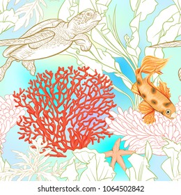 Sea world seamless pattern, background with fish, corals and shells on blue and white stripes background. Stock vectorÂ illustration. Colored and outline  disign.