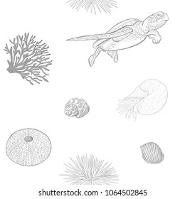 Sea world seamless pattern, background with fish, corals and shells on white background. Stock vectorÂ illustration. In monochrome gray colors