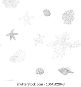 Sea world seamless pattern, background with fish, corals and shells on white background. Stock vectorÂ illustration. In monochrome gray colors