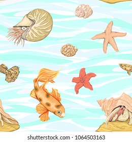 Sea world seamless pattern, background with fish, corals and shells on blue sea background. Stock vectorÂ illustration.