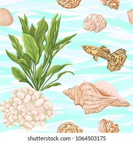Sea world seamless pattern, background with fish, corals and shells on blue sea background. Stock vectorÂ illustration.