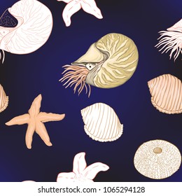Sea world seamless pattern, background with fish, corals and shells on dark blue  background. Stock vector illustration. Colored and outline design.