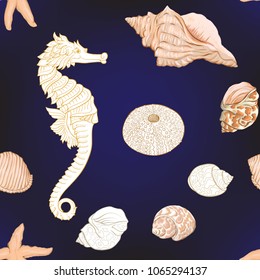 Sea world seamless pattern, background with fish, corals and shells on dark blue  background. Stock vector illustration. Colored and outline design.