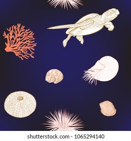 Sea world seamless pattern, background with fish, corals and shells on dark blue  background. Stock vector illustration. Colored and outline design.