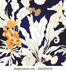 Sea world seamless pattern, background with fish, corals and shells on dark blue  background. Stock vector illustration. Colored and outline design.