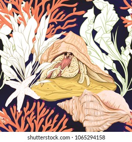 Sea world seamless pattern, background with fish, corals and shells on dark blue  background. Stock vector illustration. Colored and outline design.