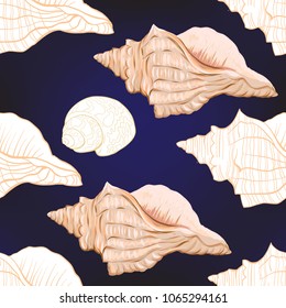 Sea world seamless pattern, background with fish, corals and shells on dark blue  background. Stock vector illustration. Colored and outline design.