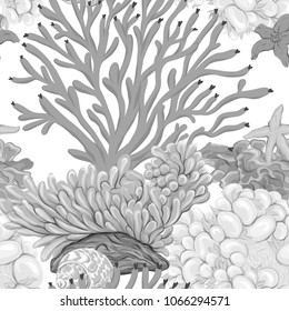 Sea world seamless pattern, background with fish, corals and shells on white background. Stock vector illustration. In monochrome gray colors