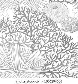 Sea world seamless pattern, background with fish, corals and shells on white background. Stock vector illustration. In monochrome gray colors