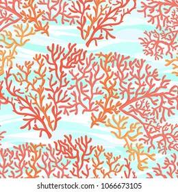 Sea world seamless pattern, background with corals on blue sea background. Stock vector illustration.