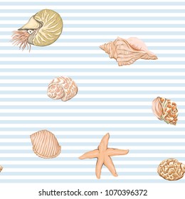 Sea world seamless pattern, background with sea sters and shells on blue and white stripes background. Stock vector illustration.