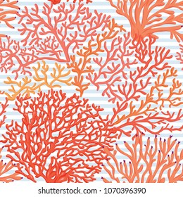 Sea world seamless pattern, background with corals on blue and white stripes background. Stock vector illustration.