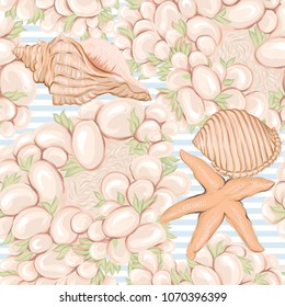 Sea world seamless pattern, background with sea stars, corals and shells on blue and white stripes background. Stock vector illustration.