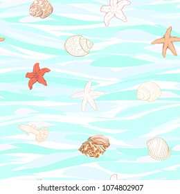 Sea world seamless pattern, background with fish, corals and shells on blue and white stripes background. Stock vector illustration. Colored and outline  disign.