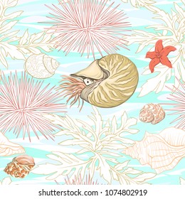 Sea world seamless pattern, background with fish, corals and shells on blue and white stripes background. Stock vector illustration. Colored and outline  disign.