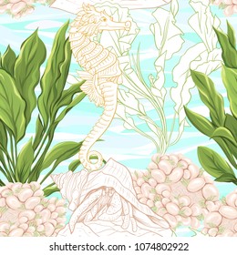 Sea world seamless pattern, background with fish, corals and shells on blue and white stripes background. Stock vector illustration. Colored and outline  disign.