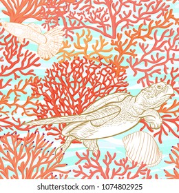 Sea world seamless pattern, background with fish, corals and shells on blue and white stripes background. Stock vector illustration. Colored and outline  disign.