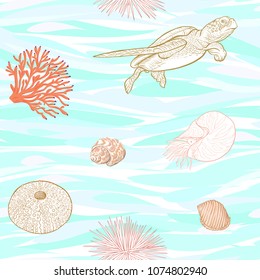Sea world seamless pattern, background with fish, corals and shells on blue and white stripes background. Stock vector illustration. Colored and outline  disign.