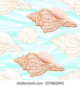 Sea world seamless pattern, background with fish, corals and shells on blue and white stripes background. Stock vector illustration. Colored and outline  disign.