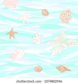 Sea world seamless pattern, background with fish, corals and shells on blue and white stripes background. Stock vector illustration. Colored and outline  disign.