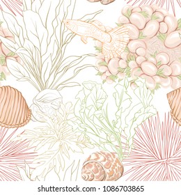 Sea world seamless pattern, background with fish, corals and shells isolated on white background. Stock vector illustration. Colored and outline  disign.
