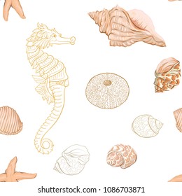 Sea world seamless pattern, background with sea horse and shells isolated on white background. Stock vector illustration. Colored and outline  disign.