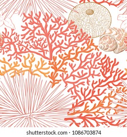 Sea world seamless pattern, background with  corals and shells isolated on white background. Stock vector illustration. Colored and outline  disign.