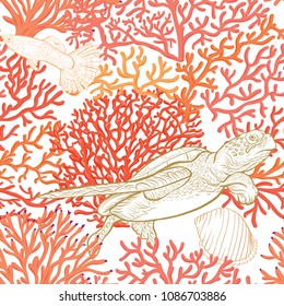 Sea world seamless pattern, background with turtle, corals and shells isolated on white background. Stock vector illustration. Colored and outline  disign.