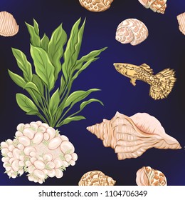 Sea world seamless pattern, background with fish, corals and shells on dark blue sea background. Stock vector illustration.