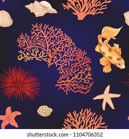 Sea world seamless pattern, background with fish, corals and shells on dark blue sea background. Stock vector illustration.
