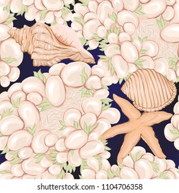 Sea world seamless pattern, background with fish, corals and shells on dark blue sea background. Stock vector illustration.