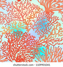 Sea world seamless pattern, background with corals on blue sea background. Stock vector illustration.