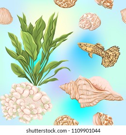 Sea world seamless pattern, background with fish, corals and shells on blue sea background. Stock vector illustration.