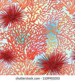 Sea world seamless pattern, background with corals on blue sea background. Stock vector illustration.